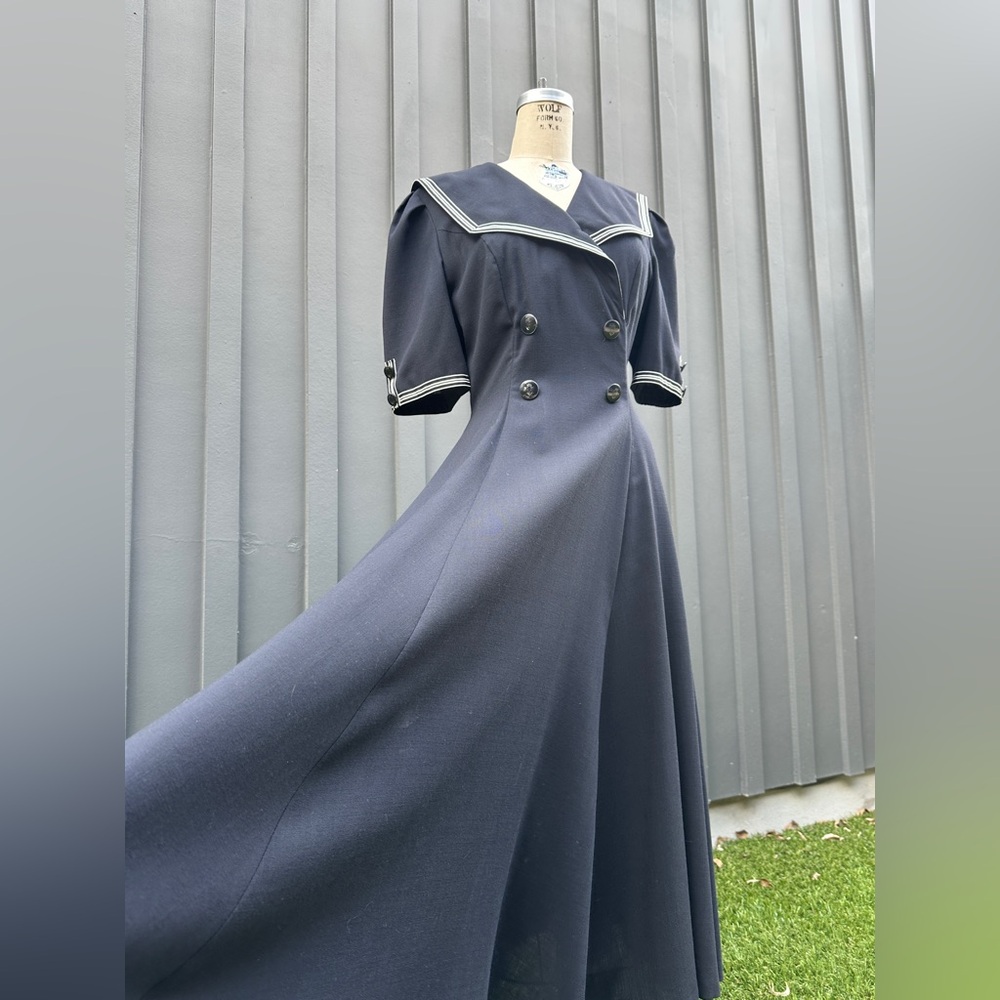 Vintage 1980s “American Design” Black Sailor Fuku Collar Short Sleeve Maxi Dress - Picture 14 of 15